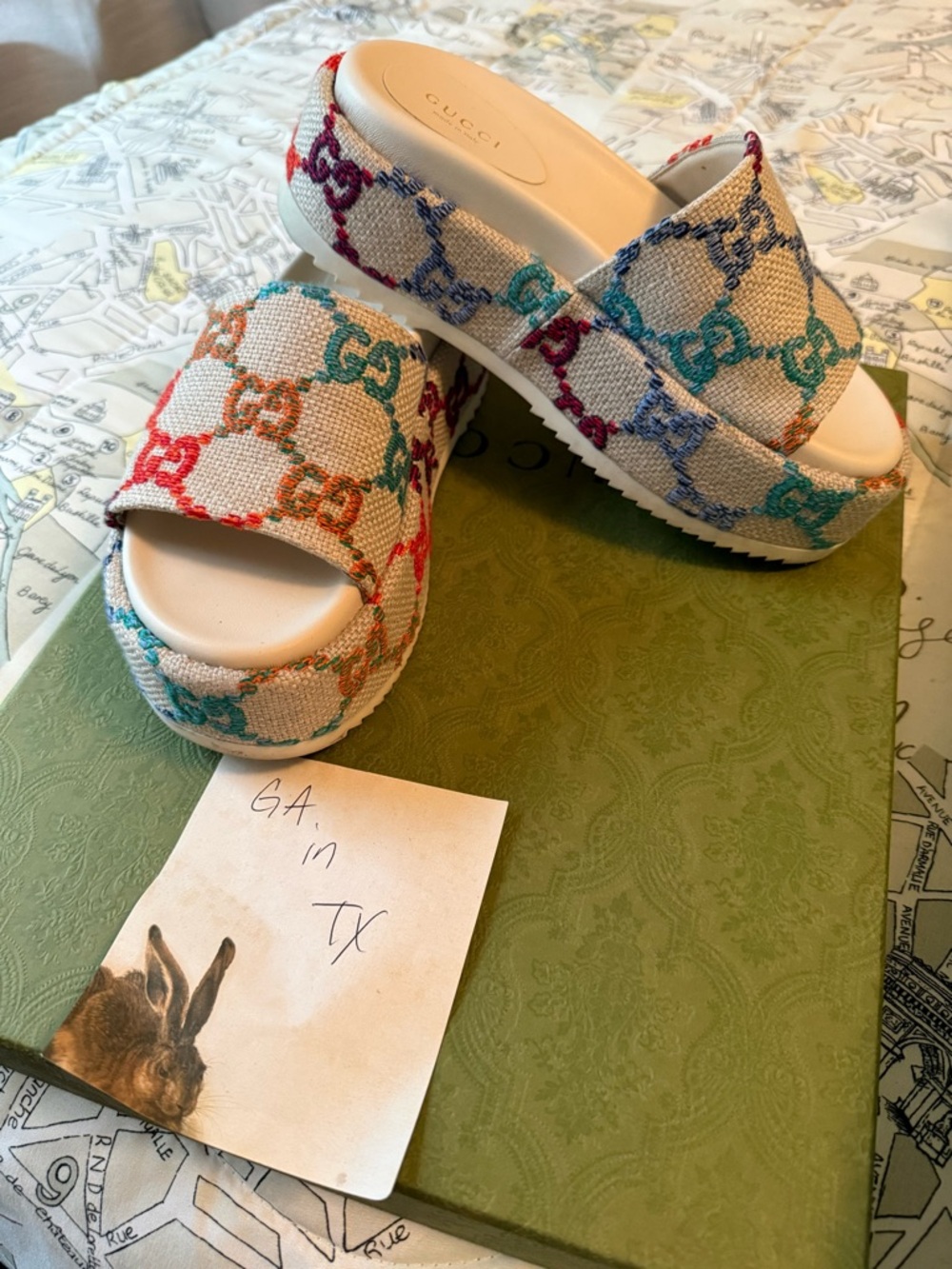 Gucci Linen Psychedelic Mini GG Monogram Angelina Platform Slides - Picture 2 of 5